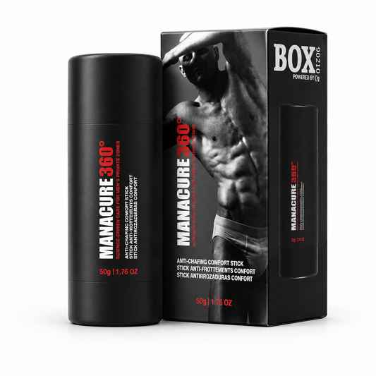 Black MANACURE360 Anti-Chafing Comfort Stick container beside its matching retail box, with red and white branding and labeled 50 g / 1.76 oz, shown on white.