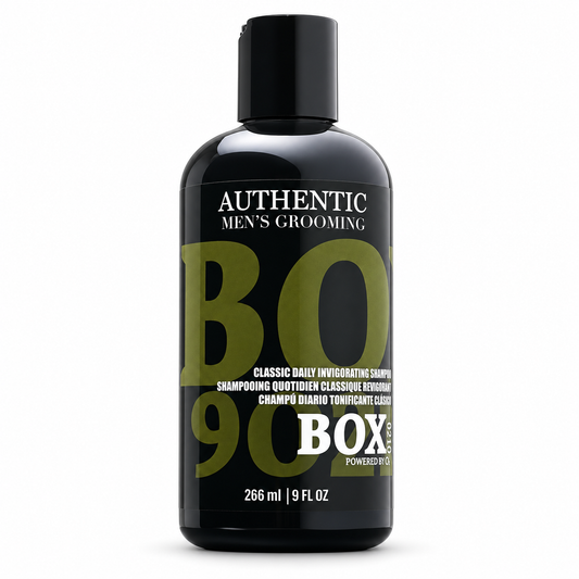 Black BOX90210 Classic Daily Invigorating Shampoo bottle with olive-green and white lettering, labeled 266 ml / 9 fl oz, shown on white.