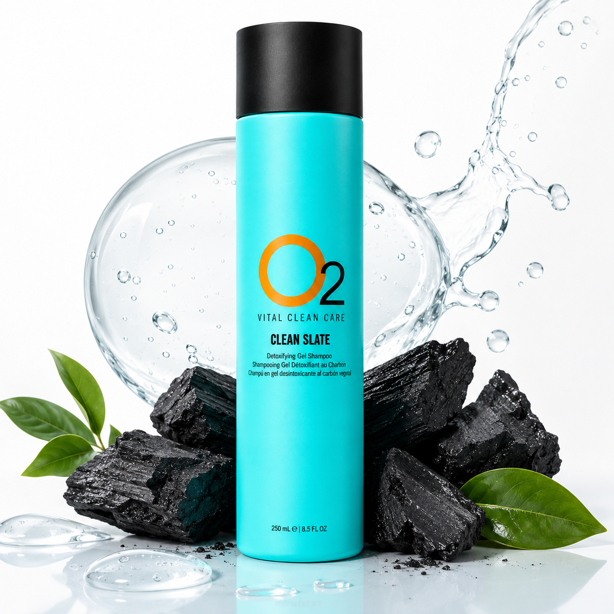 O2 CLEAN SLATE charcoal detoxifying gel shampoo in a turquoise 250 mL bottle with charcoal, green leaves, and splashing water.