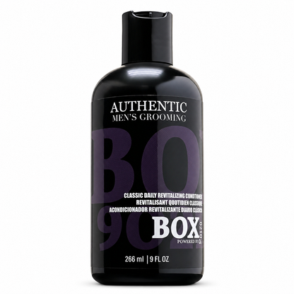 Black BOX90210 Classic Daily Revitalizing Conditioner bottle with purple and white lettering, labeled 266 ml / 9 fl oz, shown on white.