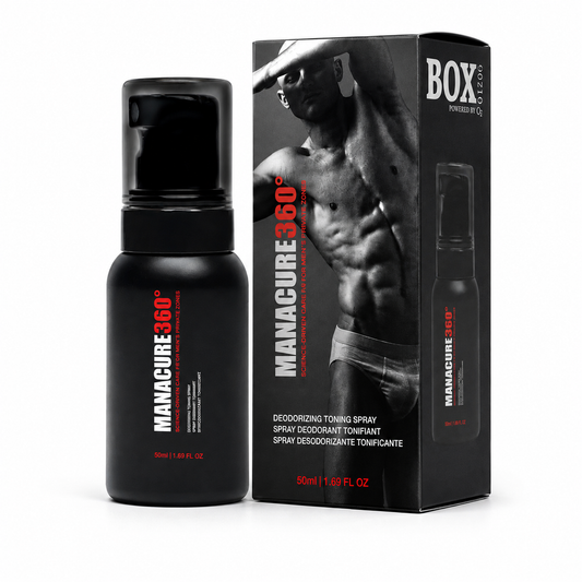 Black MANACURE360 Deodorizing Toning Spray bottle with a translucent cap beside its matching retail box, with red and white branding and labeled 50 ml / 1.69 fl oz, shown on white.