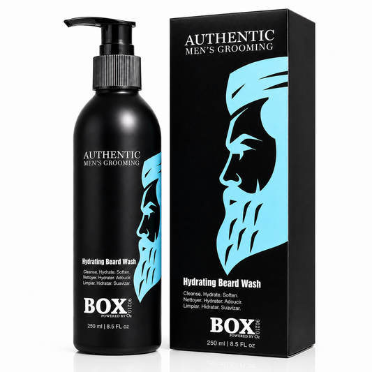 Black BOX90210 Hydrating Beard Wash pump bottle beside its matching retail box, both with a light-blue bearded-face graphic and labeled 250 ml / 8.5 fl oz, shown on white.