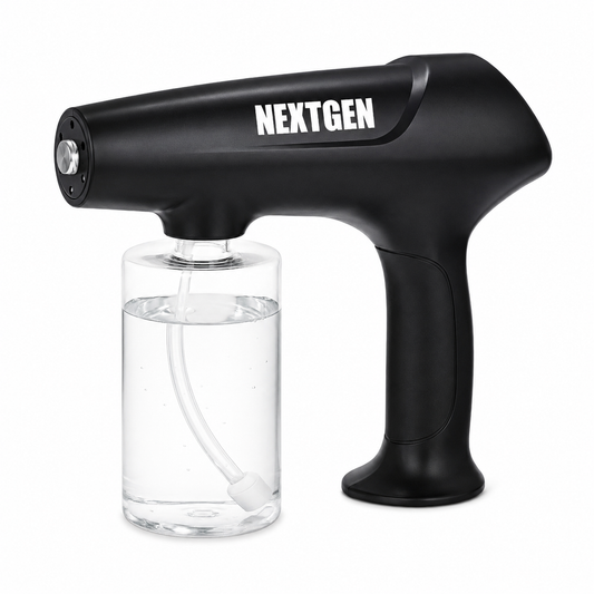 Black NEXTGEN handheld nano mister with a silver nozzle and attached clear reservoir containing liquid, shown on white.