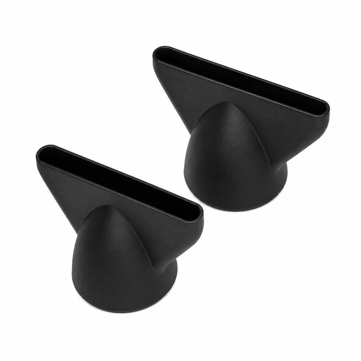 Two black O2AMP Hypersonic hair dryer replacement concentrator nozzles with different-width openings, shown on white.