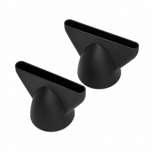 Two black O2AMP Hypersonic hair dryer replacement concentrator nozzles with different-width openings, shown on white.