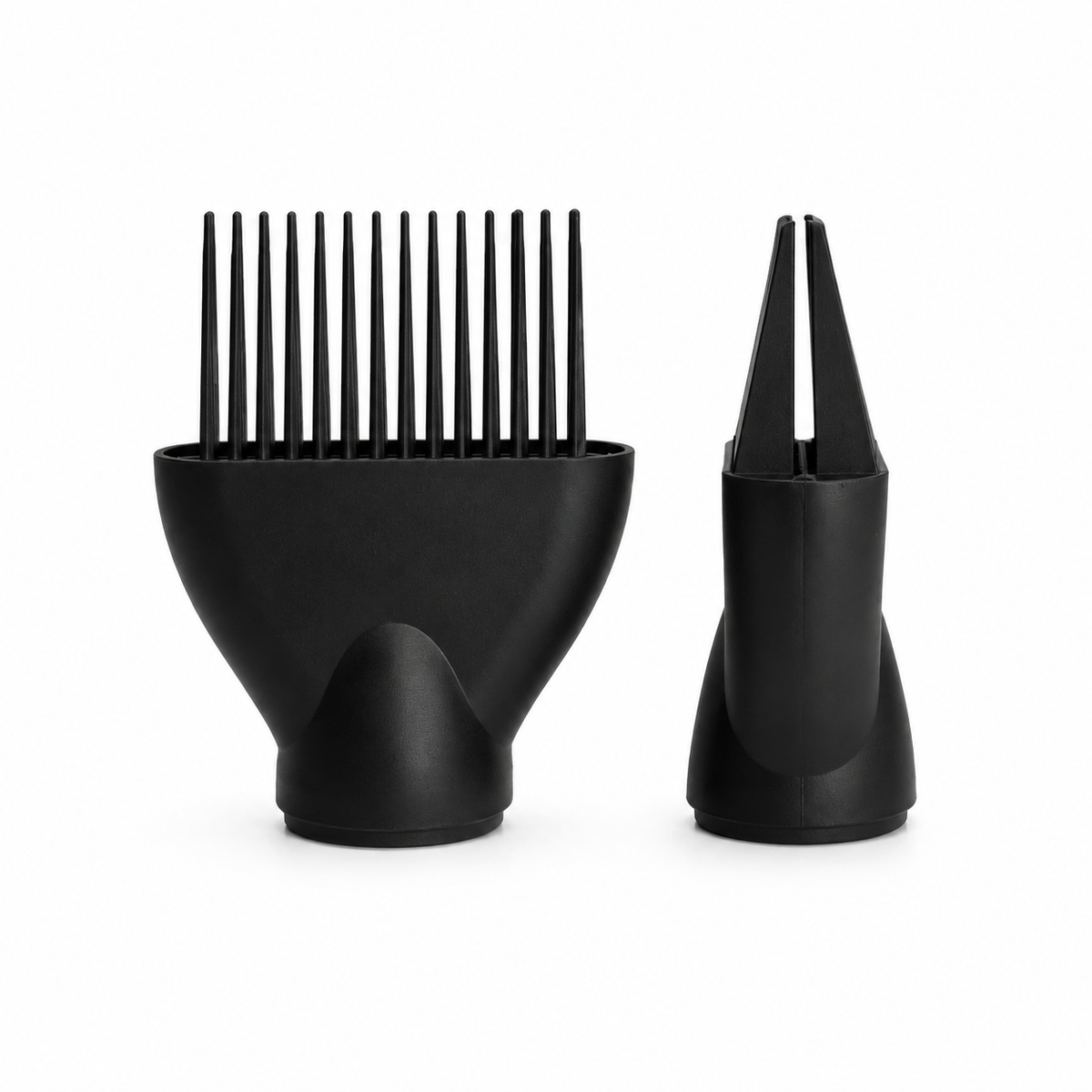 Front and side views of the black O2AMP smoothing comb attachment, showing its wide base, long teeth, and tapered profile on white.