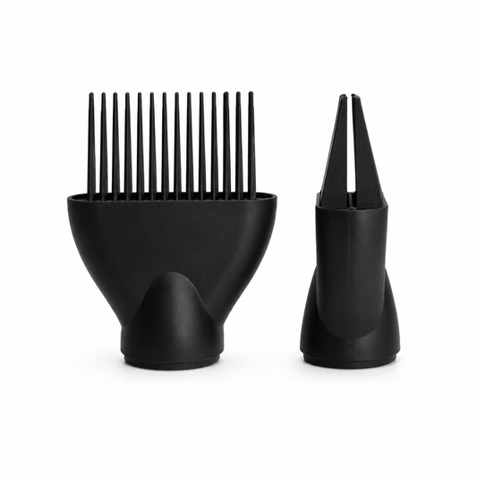 Front and side views of the black O2AMP smoothing comb attachment, showing its wide base, long teeth, and tapered profile on white.