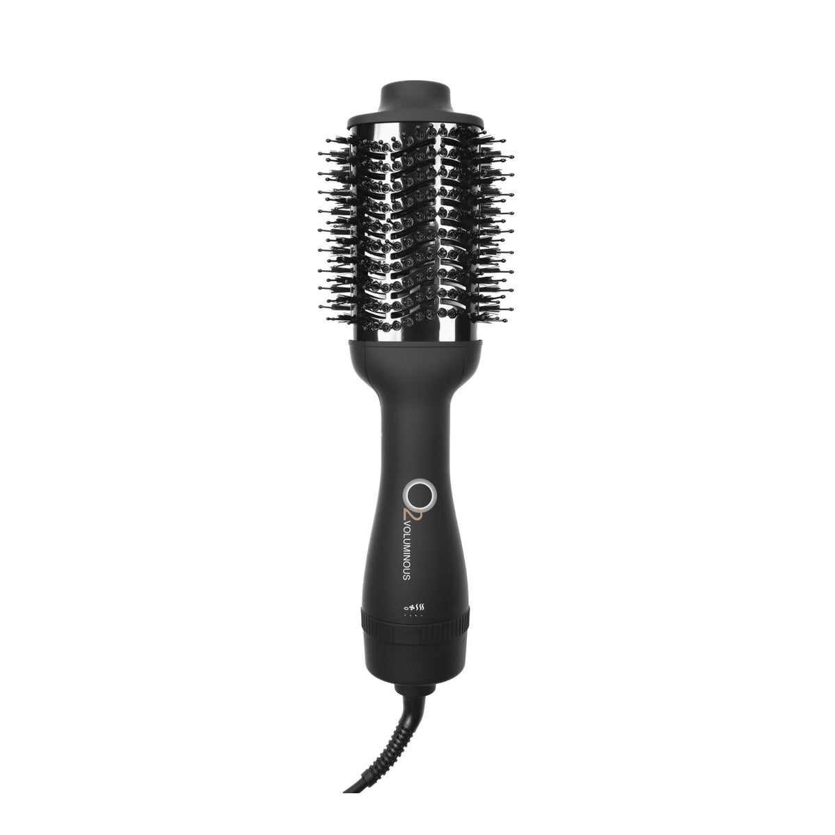 Black O2VOLUMINOUS blow dryer brush with a vented oval barrel, bristles and power cord on a white background.

