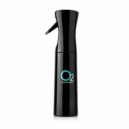 Black O2AIR mist water bottle with a curved trigger sprayer and turquoise-and-white O2 Professional logo, shown upright on white.