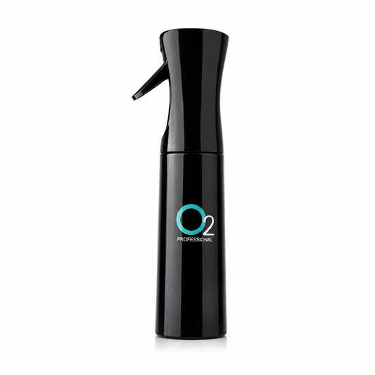Black O2AIR mist water bottle with a curved trigger sprayer and turquoise-and-white O2 Professional logo, shown upright on white.