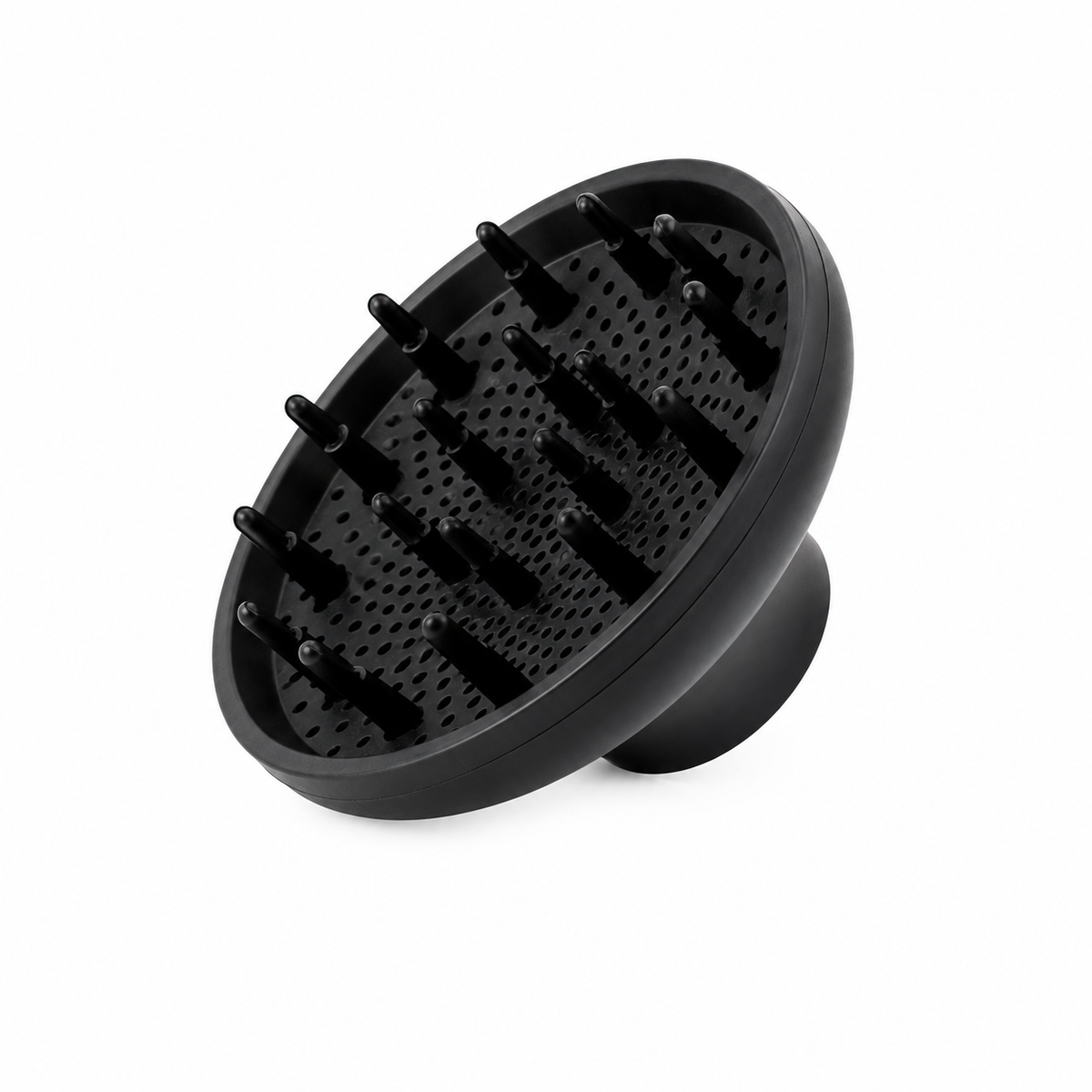 Black O2 replacement diffuser shown at an angle, with a wide circular bowl, raised prongs, and perforated surface on white.