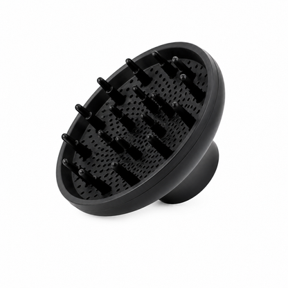 Black O2 replacement diffuser shown at an angle, with a wide circular bowl, raised prongs, and perforated surface on white.