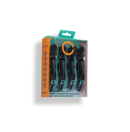 Four black O2 Super Strong Grip Clips in clear-front retail packaging with turquoise backing and an orange side panel, shown on white.

