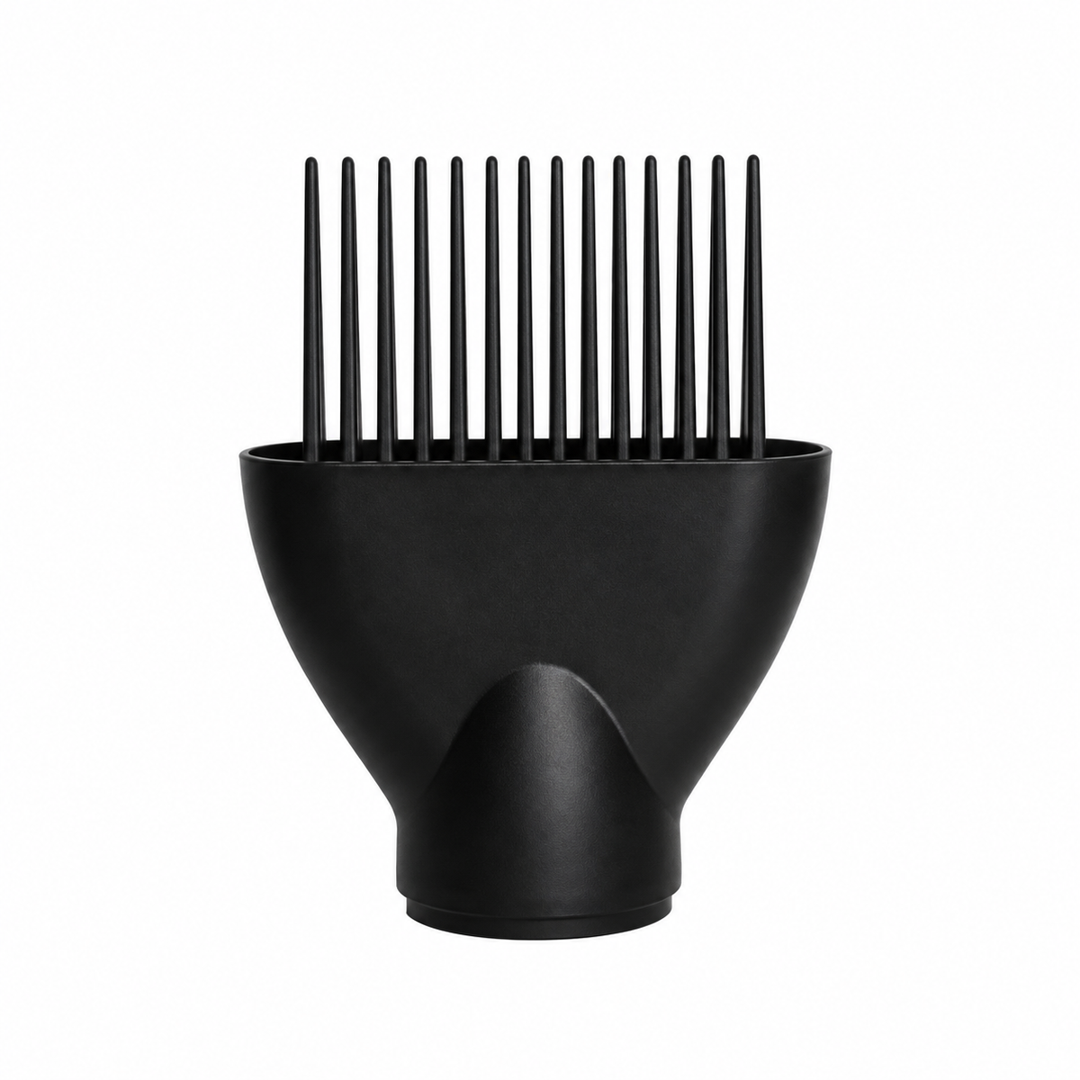Black O2 smoothing comb attachment with long, evenly spaced teeth and a rounded dryer connection, shown on a white background.