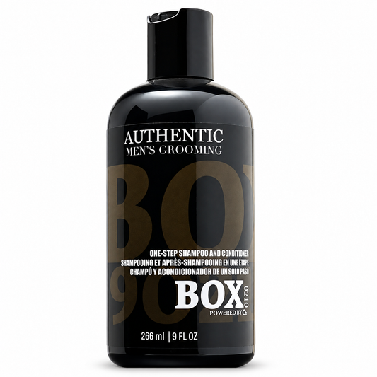 Black BOX90210 One-Step Shampoo & Conditioner bottle with brown and white lettering, labeled 266 ml / 9 fl oz, shown on white.