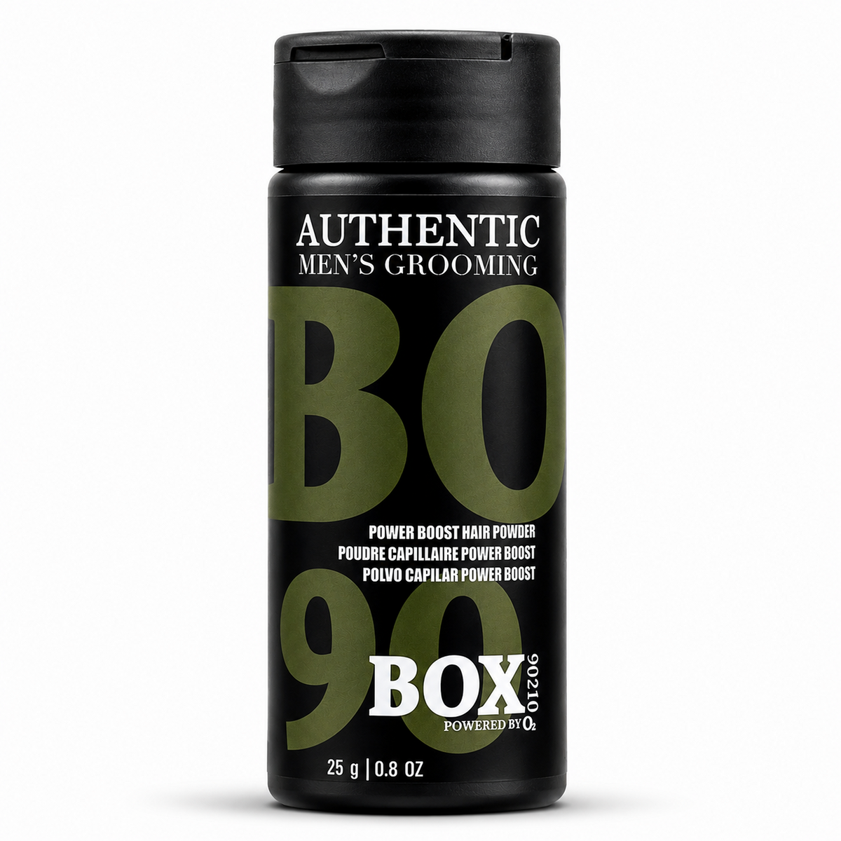 Black BOX90210 Power Boost Hair Powder bottle with olive-green and white lettering, labeled 25 g / 0.8 oz, shown on white.