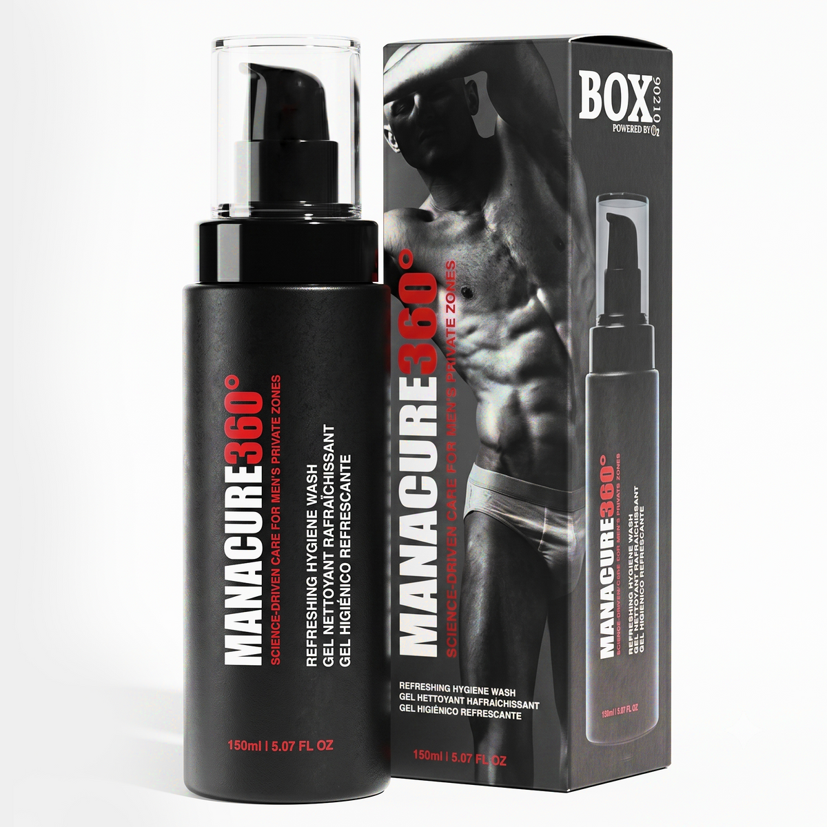 Black MANACURE360 Refreshing Hygiene Wash pump bottle with a clear cap beside its matching retail box, labeled 150 ml / 5.07 fl oz, shown on white