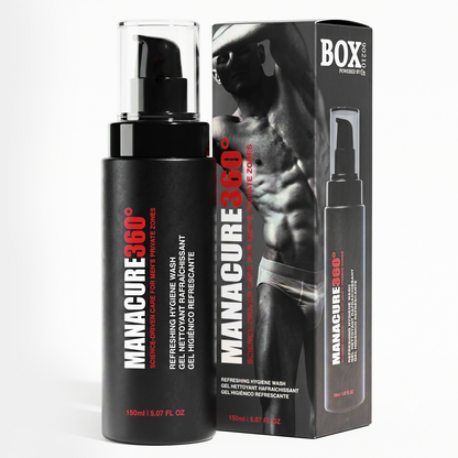 Black MANACURE360 Refreshing Hygiene Wash pump bottle with a clear cap beside its matching retail box, labeled 150 ml / 5.07 fl oz, shown on white