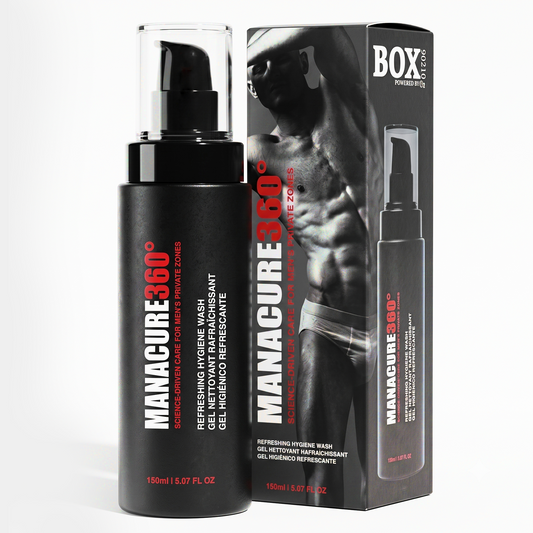 Black MANACURE360 Refreshing Hygiene Wash pump bottle with a clear cap beside its matching retail box, labeled 150 ml / 5.07 fl oz, shown on white