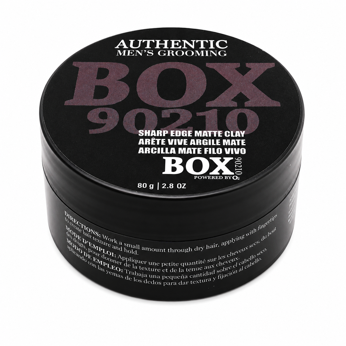 Black BOX90210 Sharp Edge Matte Clay jar with muted purple and white lettering on its lid, labeled 80 g / 2.8 oz, shown on white.