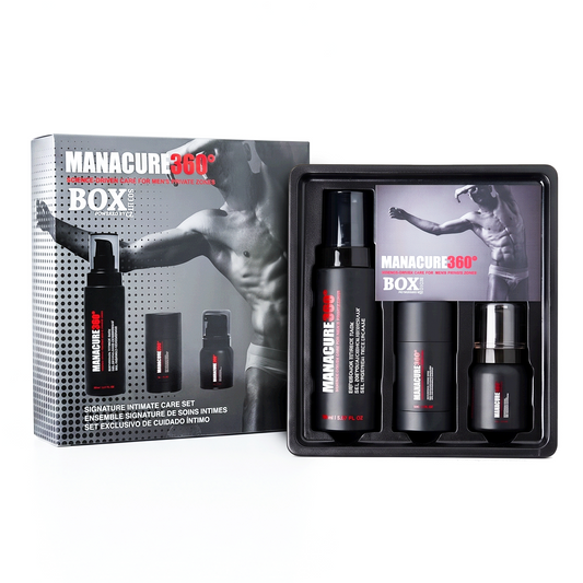 MANACURE360 Signature Intimate Care Set retail box beside a black tray holding three black care containers and a branded insert, shown on white.