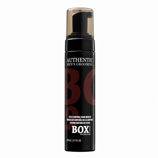 Black BOX90210 Style Control Foam Mousse bottle with a pump under a translucent cap and dark red and white lettering, labeled 150 ml / 5.1 fl oz, shown on white.