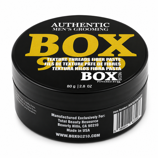 Black BOX90210 Texture Threads Fiber Paste jar with yellow and white lettering on its lid, labeled 80 g / 2.8 oz, shown on white.