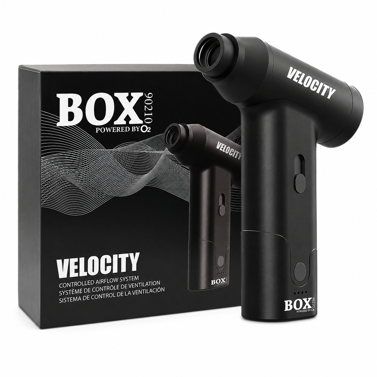 Black BOX90210 VELOCITY controlled airflow system beside its branded retail box on a white background.