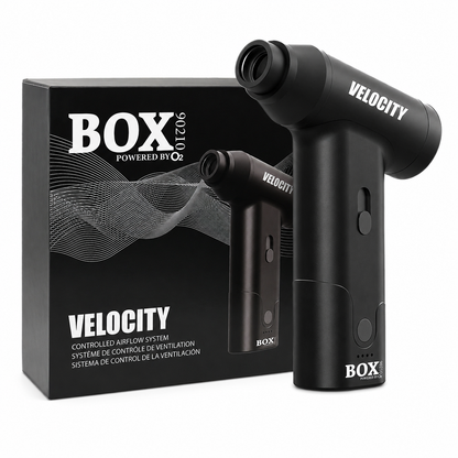 Black BOX90210 VELOCITY controlled airflow system beside its branded retail box on a white background.