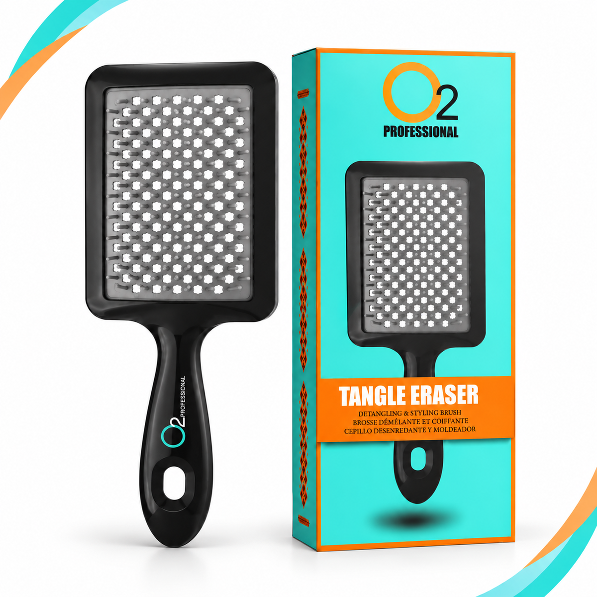 Black O2 Tangle Eraser brush with a gray pad and white-tipped bristles beside its turquoise-and-orange retail box.