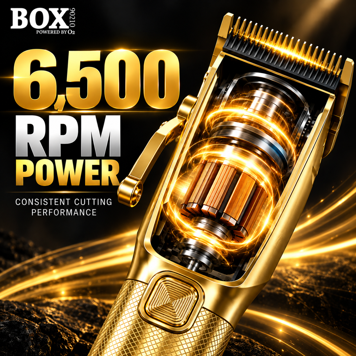 Gold BOX90210 1126 clipper graphic showing a cutaway motor surrounded by golden light effects, labeled 6,500 RPM.