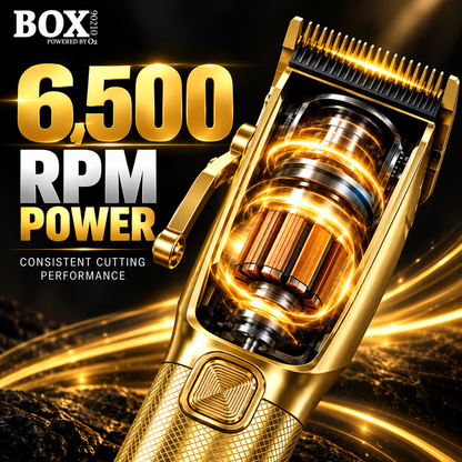 Gold BOX90210 1126 clipper graphic showing a cutaway motor surrounded by golden light effects, labeled 6,500 RPM.