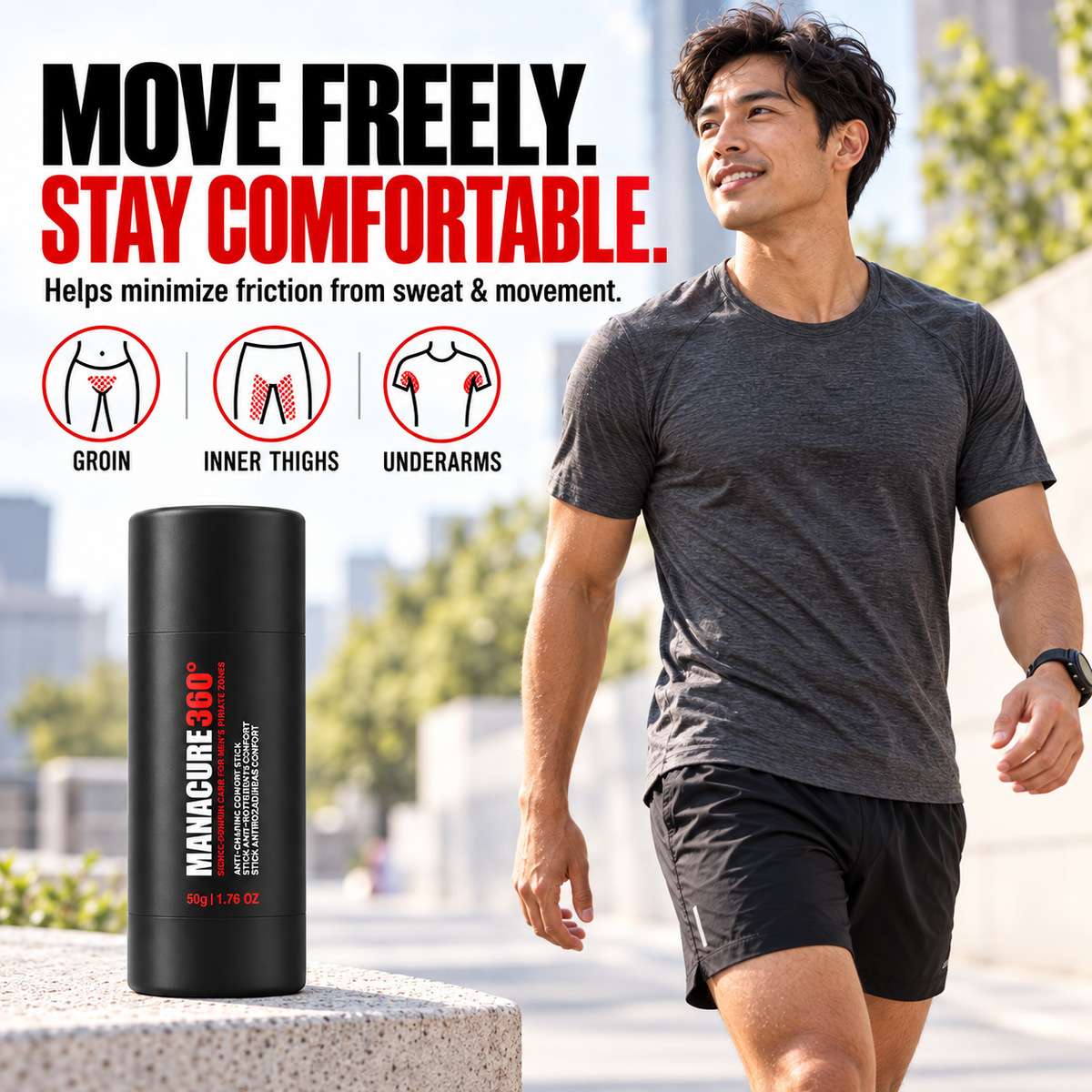 MANACURE360 Anti-Chafing Comfort Stick on a stone ledge beside a man walking outdoors in a gray athletic shirt and black shorts, with groin, inner-thigh and underarm callouts.