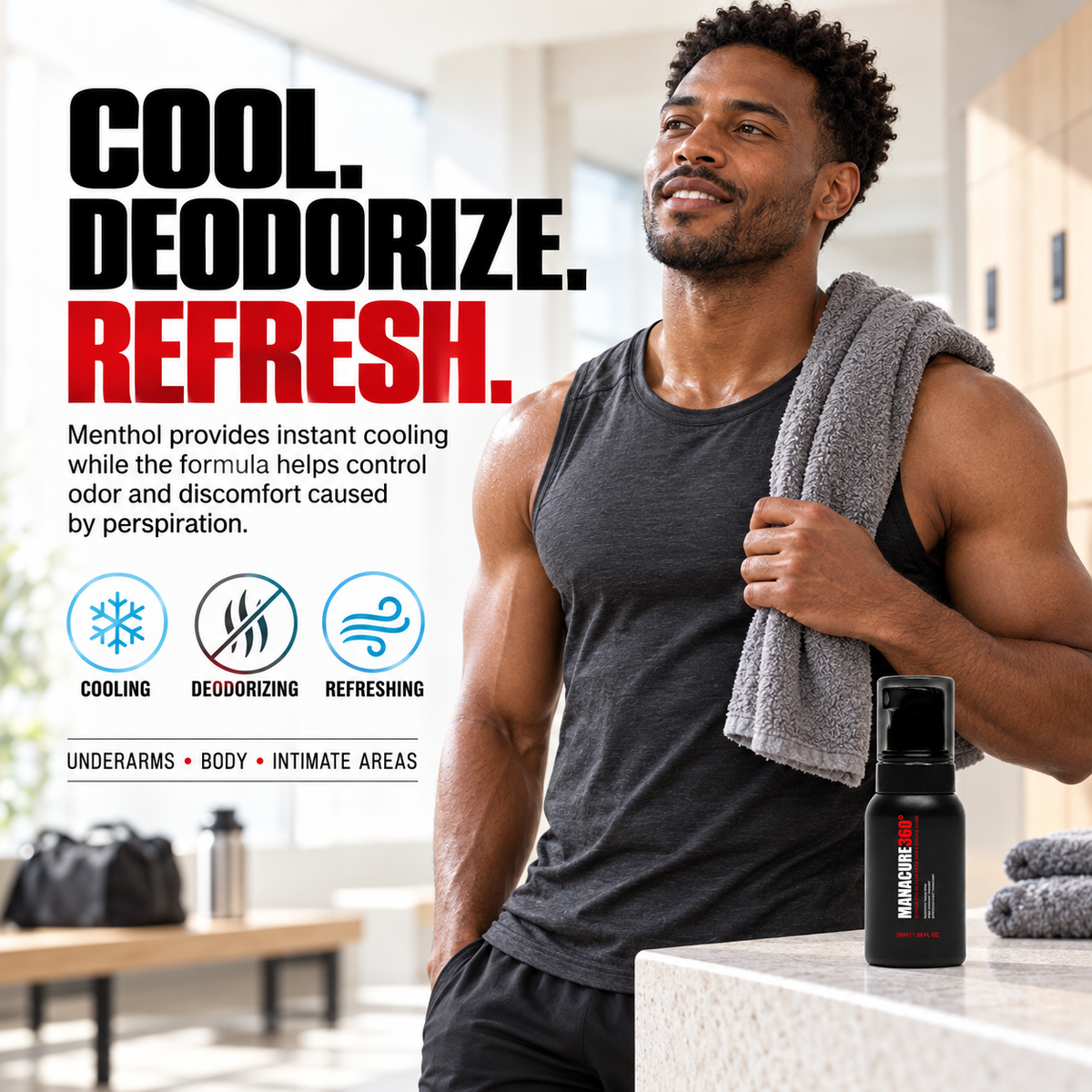 MANACURE360 Deodorizing Toning Spray bottle on a stone counter beside a man in a dark sleeveless shirt holding a gray towel over his shoulder, with cooling, deodorizing and refreshing callouts.