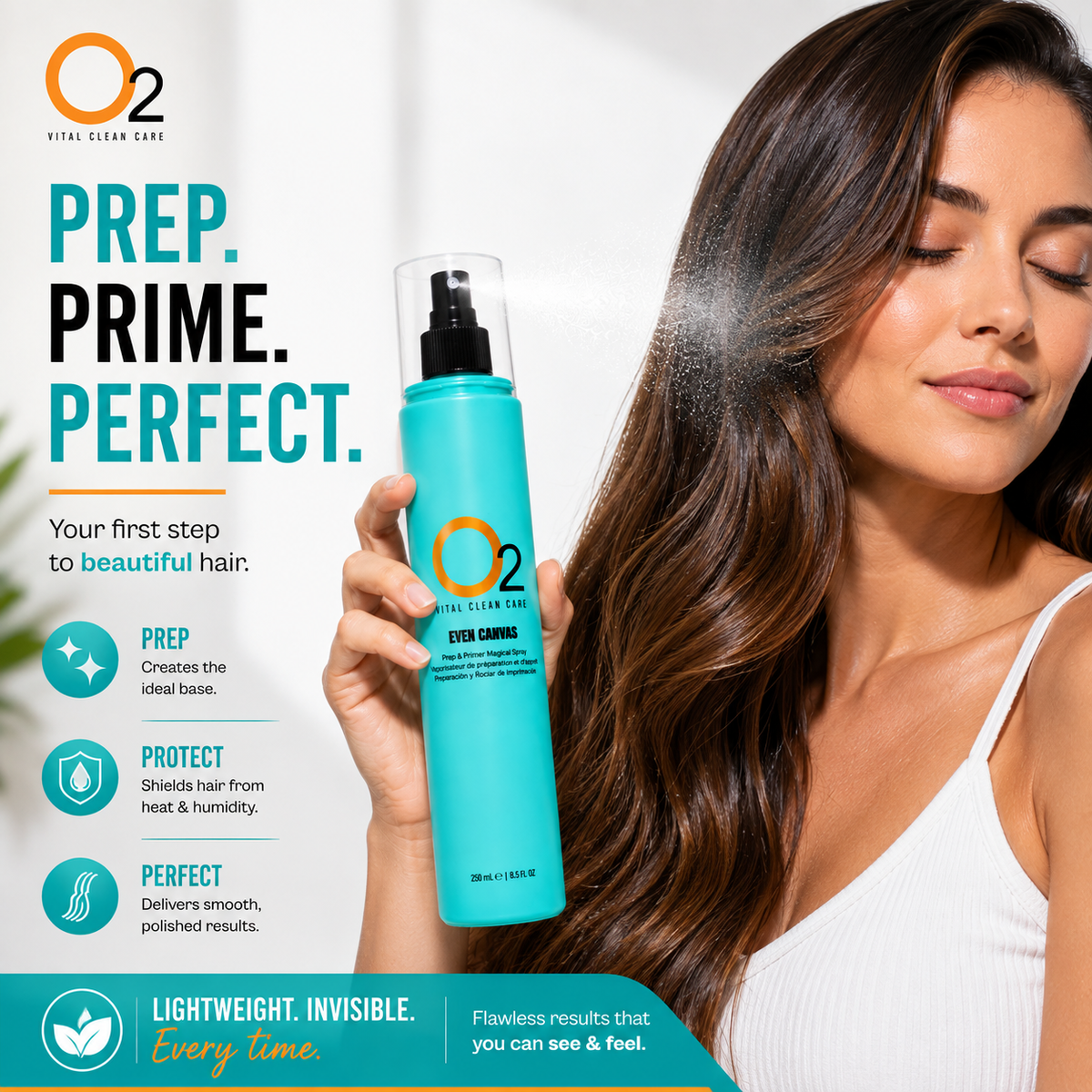 Woman holding O2 EVEN CANVAS spray beside her long, wavy brown hair, with a graphic highlighting prep and protection benefits.