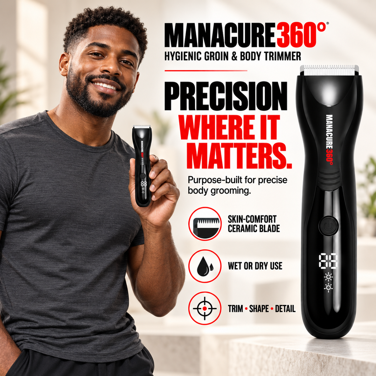 Smiling man holding a black MANACURE360 trimmer beside an enlarged product view and ceramic-blade, wet-or-dry and detailing icons.
