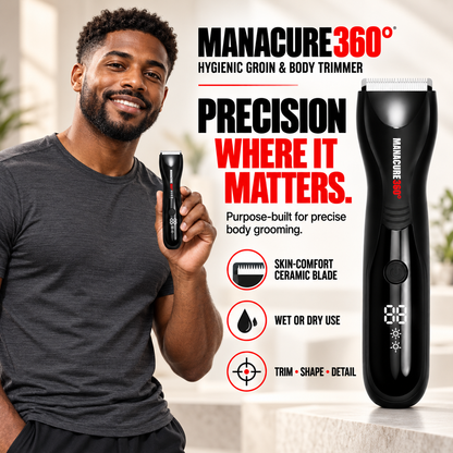 Smiling man holding a black MANACURE360 trimmer beside an enlarged product view and ceramic-blade, wet-or-dry and detailing icons.