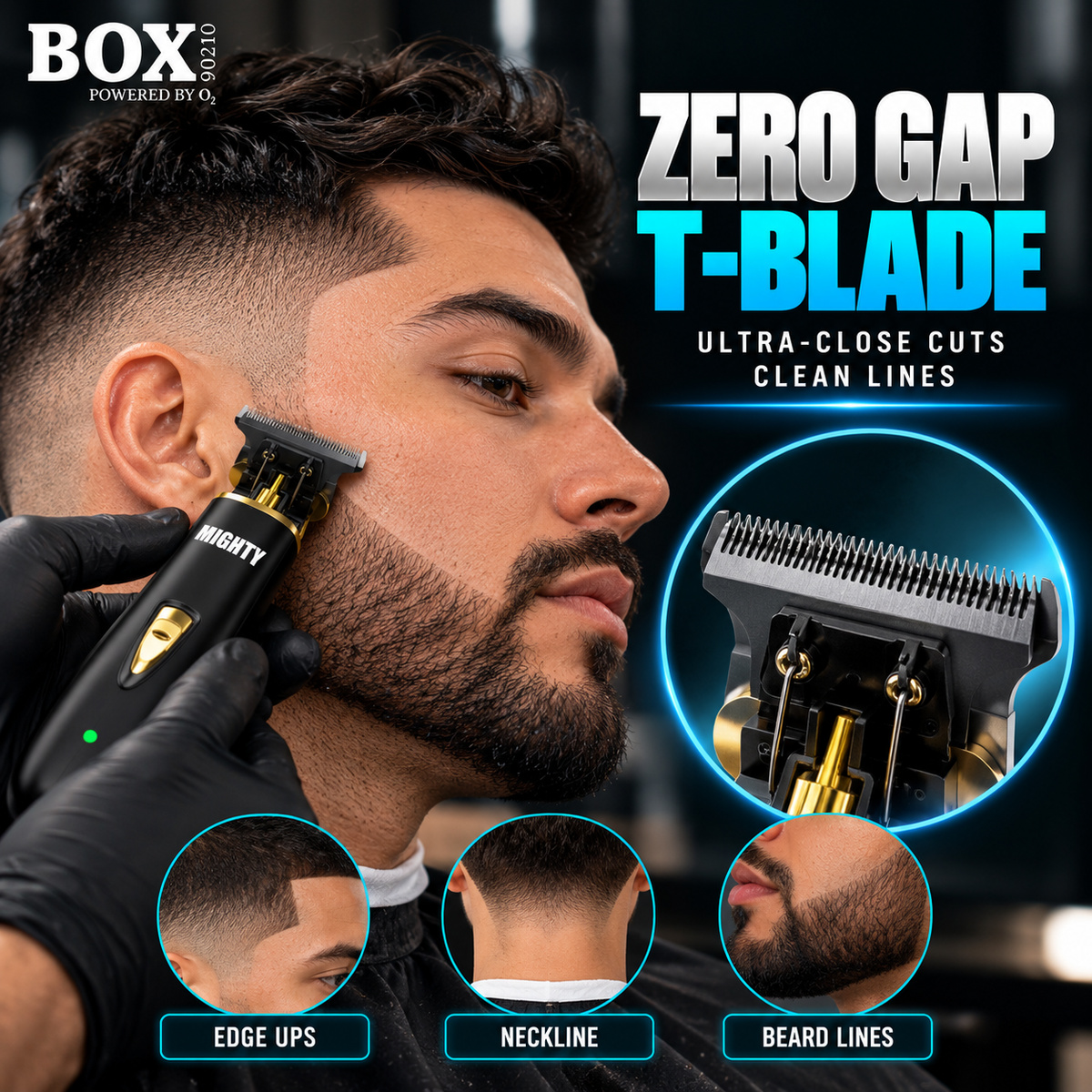 Gloved barber using a BOX90210 MIGHTY trimmer along a man's beard line, with T-blade, edge-up and neckline close-ups.