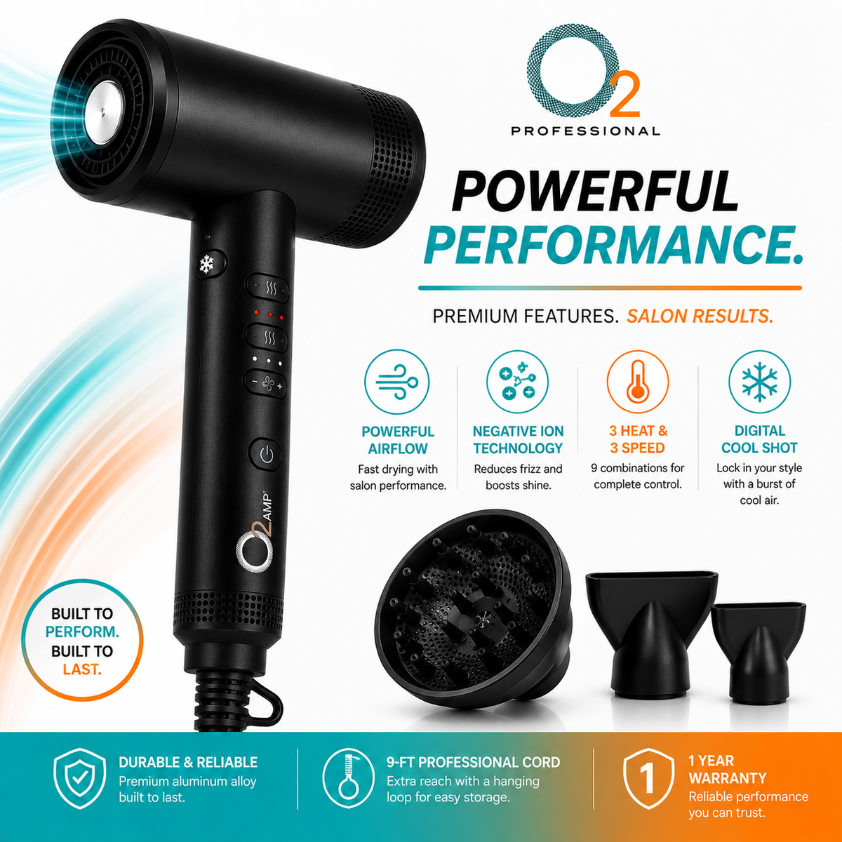 O2AMP hair dryer with diffuser and two nozzles; feature graphic highlights ionic technology, three heat and speed settings, and cool shot.