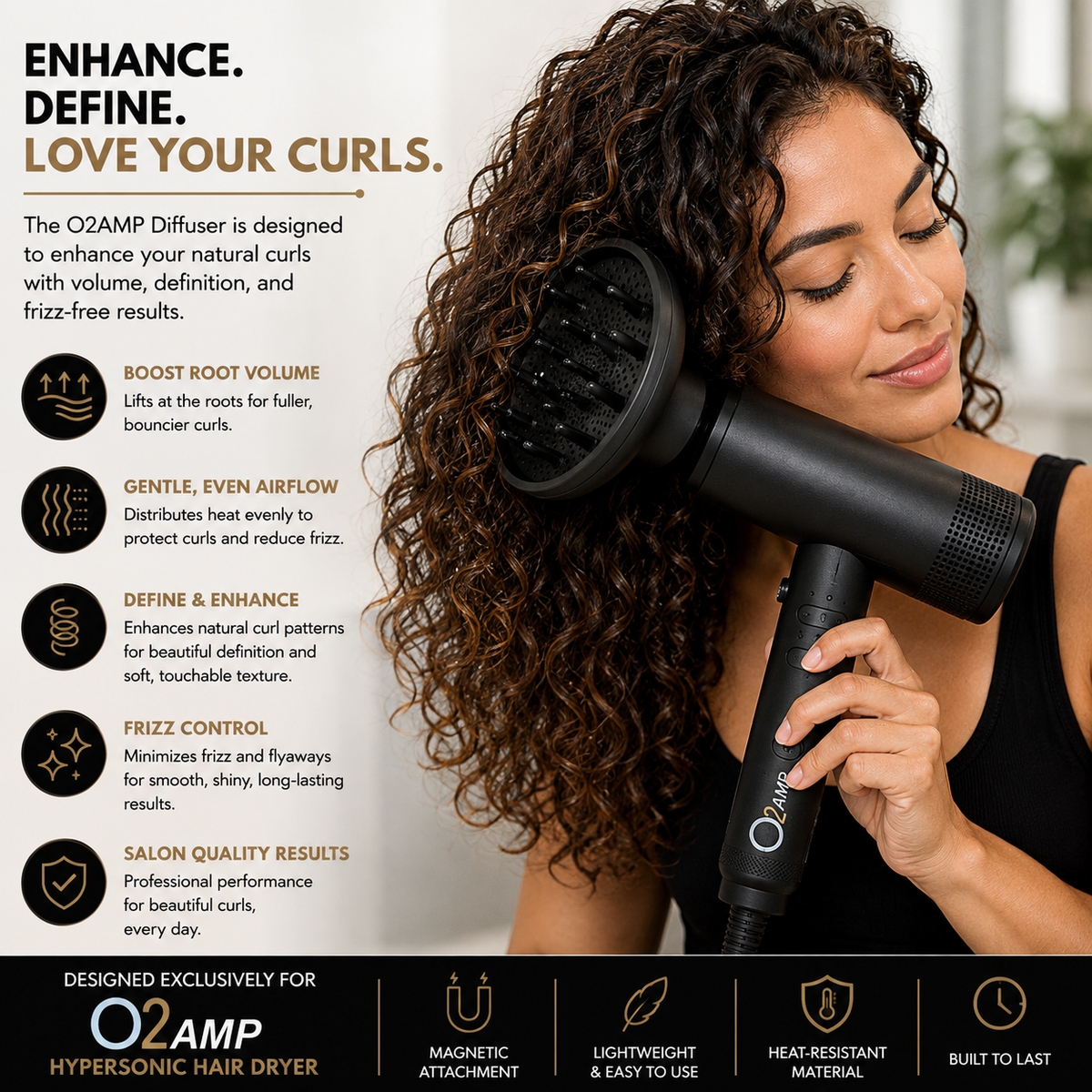 Woman holding a black O2AMP Hypersonic dryer with a diffuser against her long brown curls, beside styling feature icons.