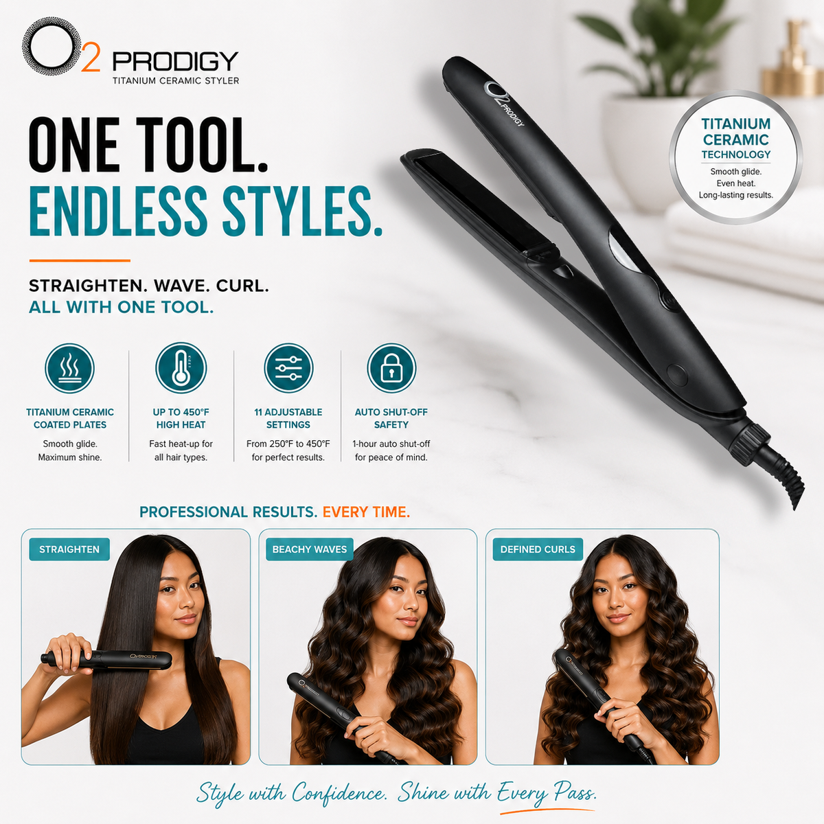 “O2PRODIGY styler feature graphic showing straight hair, beachy waves and defined curls, with adjustable heat up to 450°F.”
