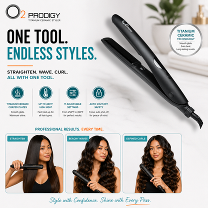 “O2PRODIGY styler feature graphic showing straight hair, beachy waves and defined curls, with adjustable heat up to 450°F.”