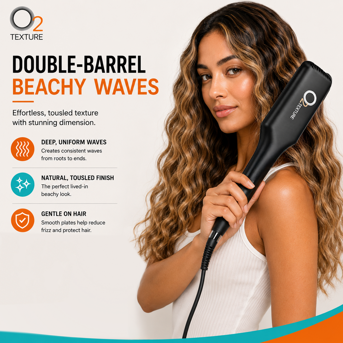 Woman with long beachy waves holding the black O2TEXTURE Double Waver beside styling feature icons.