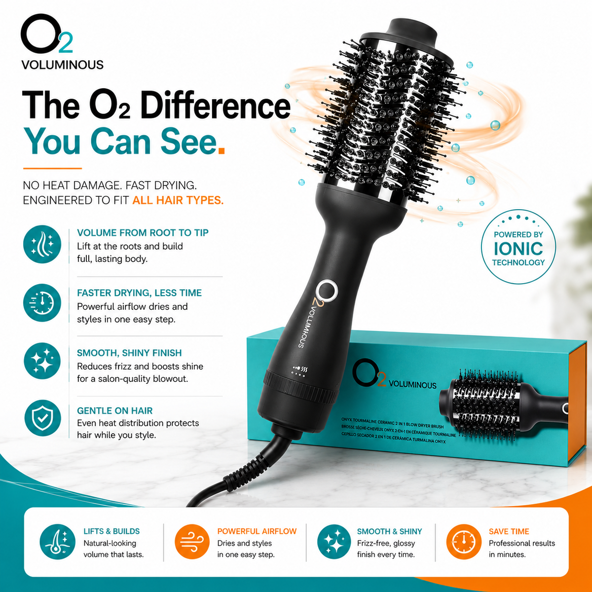 O2VOLUMINOUS dryer brush beside its turquoise box, with ionic airflow graphics and feature icons for volume, drying and shine.
