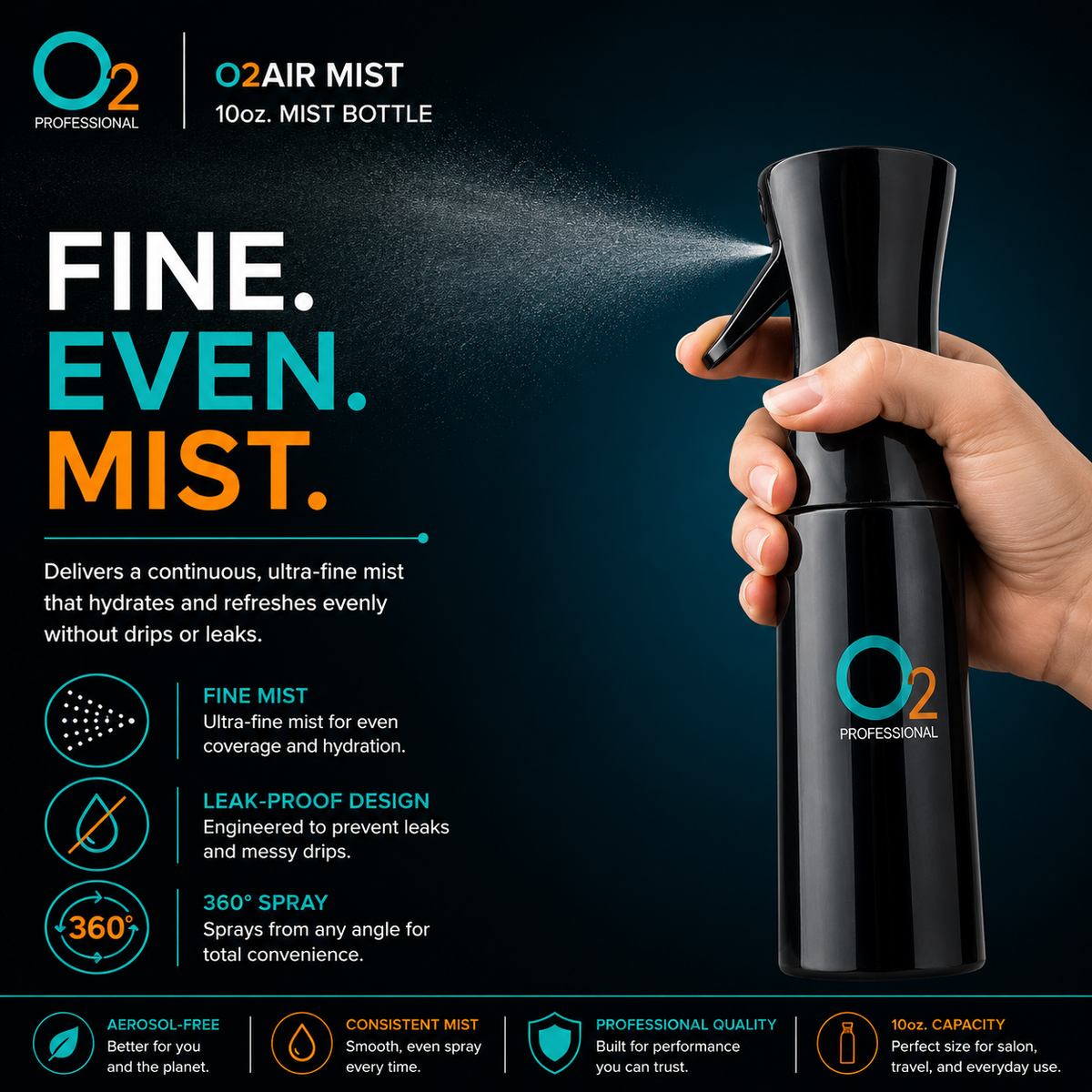 Hand pressing the trigger of a black O2AIR mist bottle, spraying a fine mist to the left against a dark background.