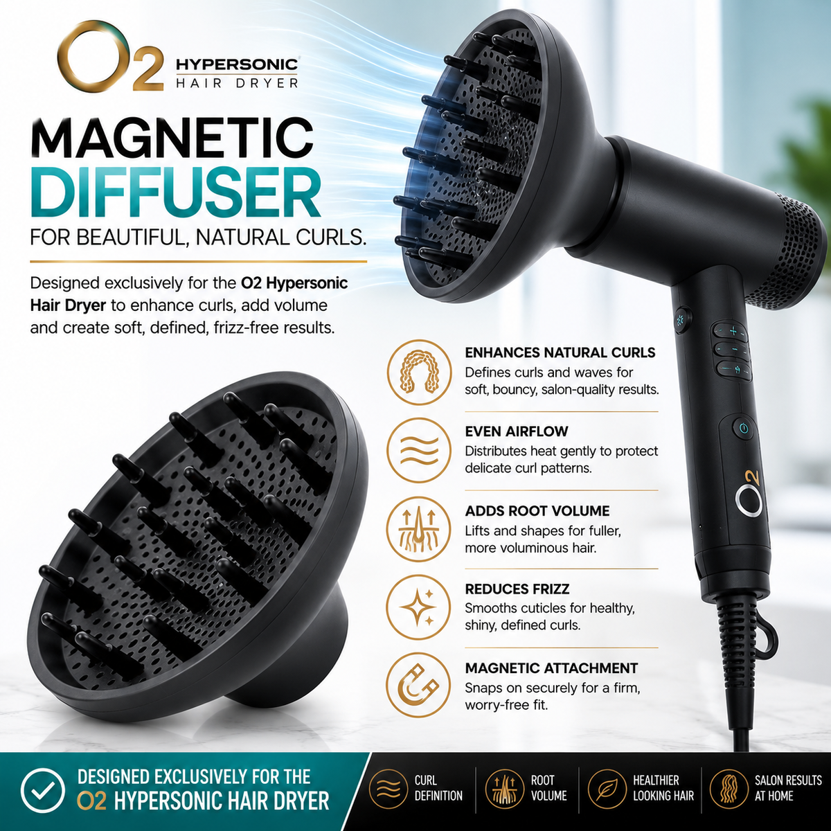 O2 Hypersonic dryer with a diffuser fitted and blue airflow lines, beside a detached black diffuser and feature icons.