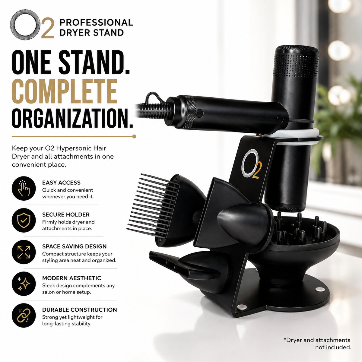 O2 Professional stand holding a black Hypersonic dryer, comb, nozzles, and diffuser, with a note that these are not included.