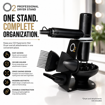 O2 Professional stand holding a black Hypersonic dryer, comb, nozzles, and diffuser, with a note that these are not included.