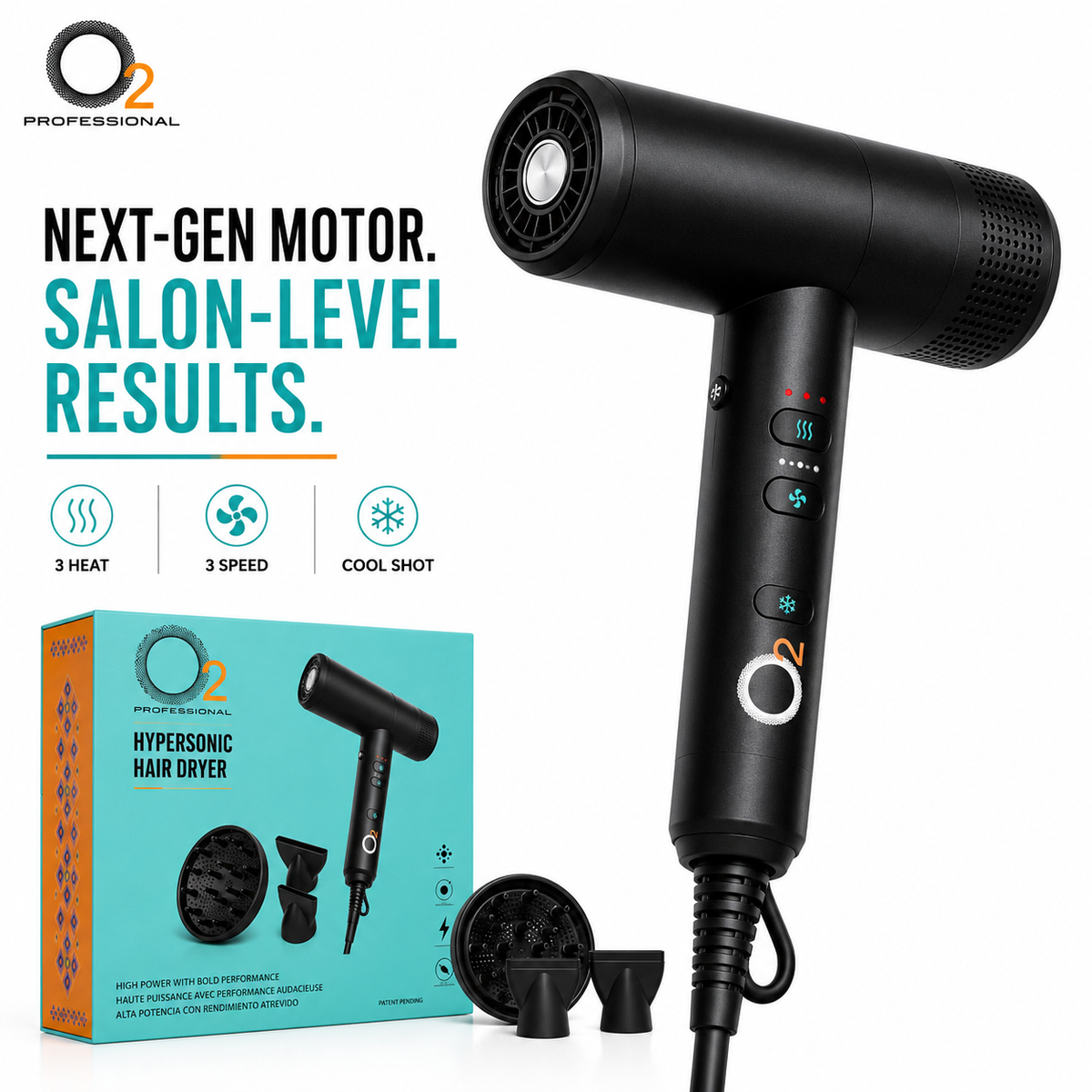 O2 Hypersonic Hair Dryer with box, diffuser and two nozzles; graphic lists three heat settings, three speeds and cool shot.