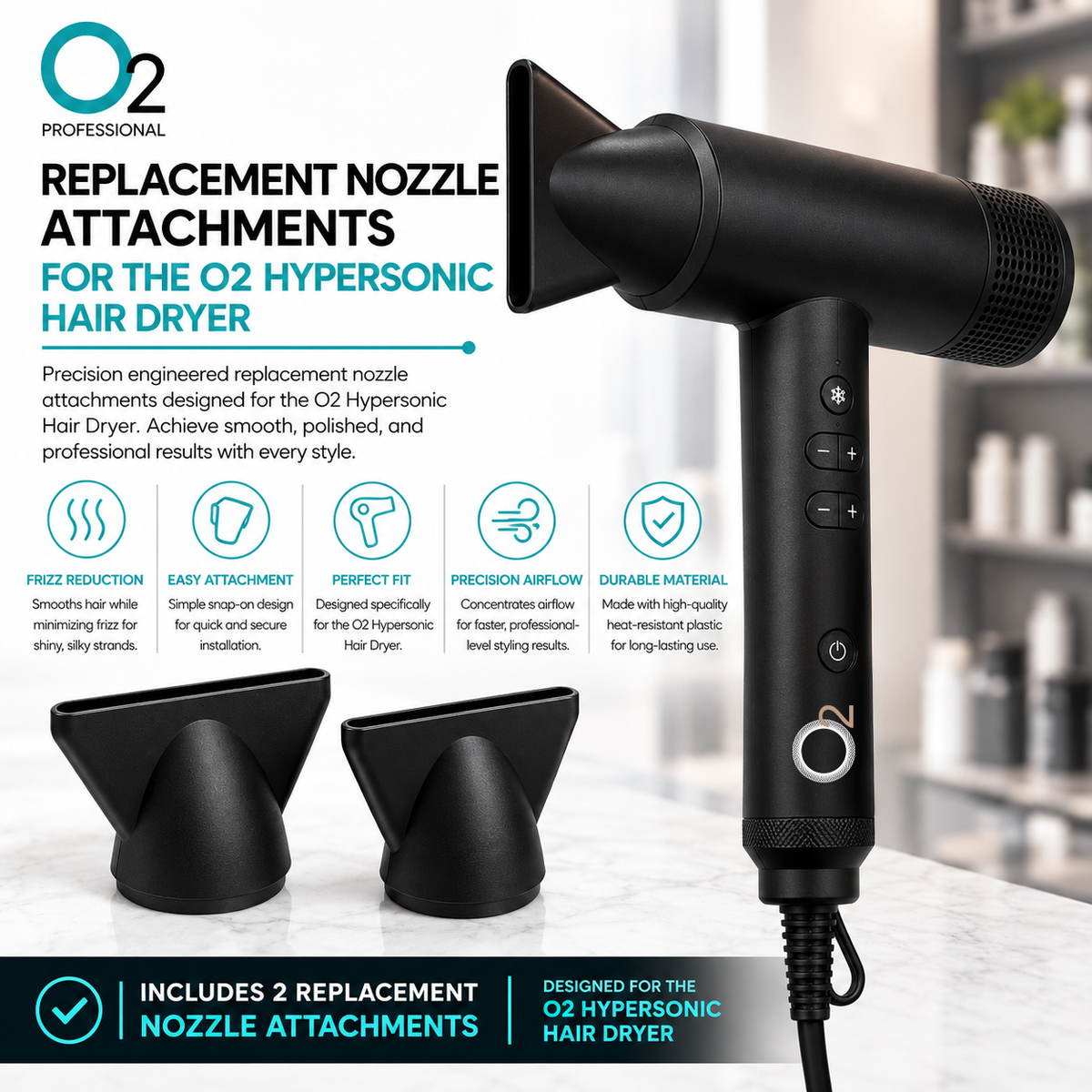 Black O2 Hypersonic hair dryer with a concentrator nozzle fitted, beside two replacement nozzles and feature icons.